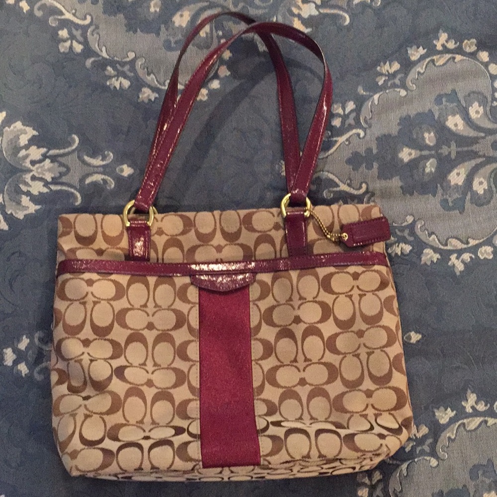 COACH brown and wine/burgundy medium tote